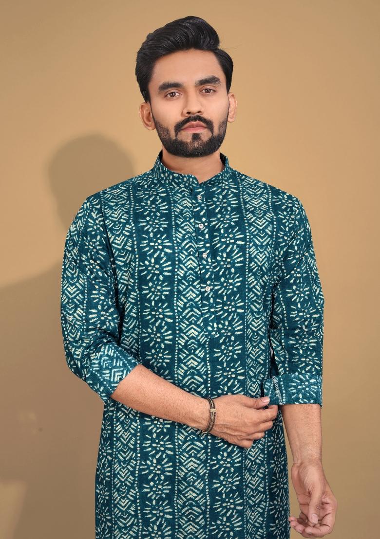Blue Printed Cotton Blend Kurta For Men