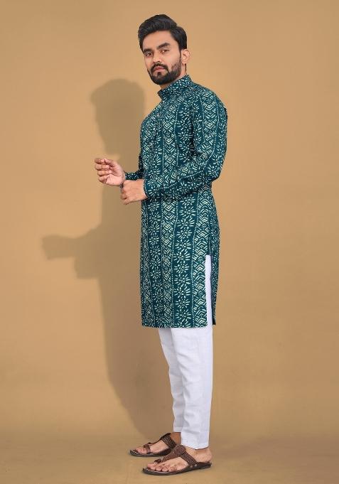 Blue Printed Cotton Blend Kurta For Men