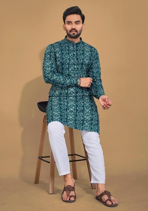 Blue Printed Cotton Blend Kurta For Men