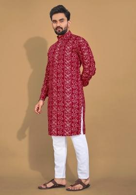 Maroon Printed Cotton Blend Kurta For Men