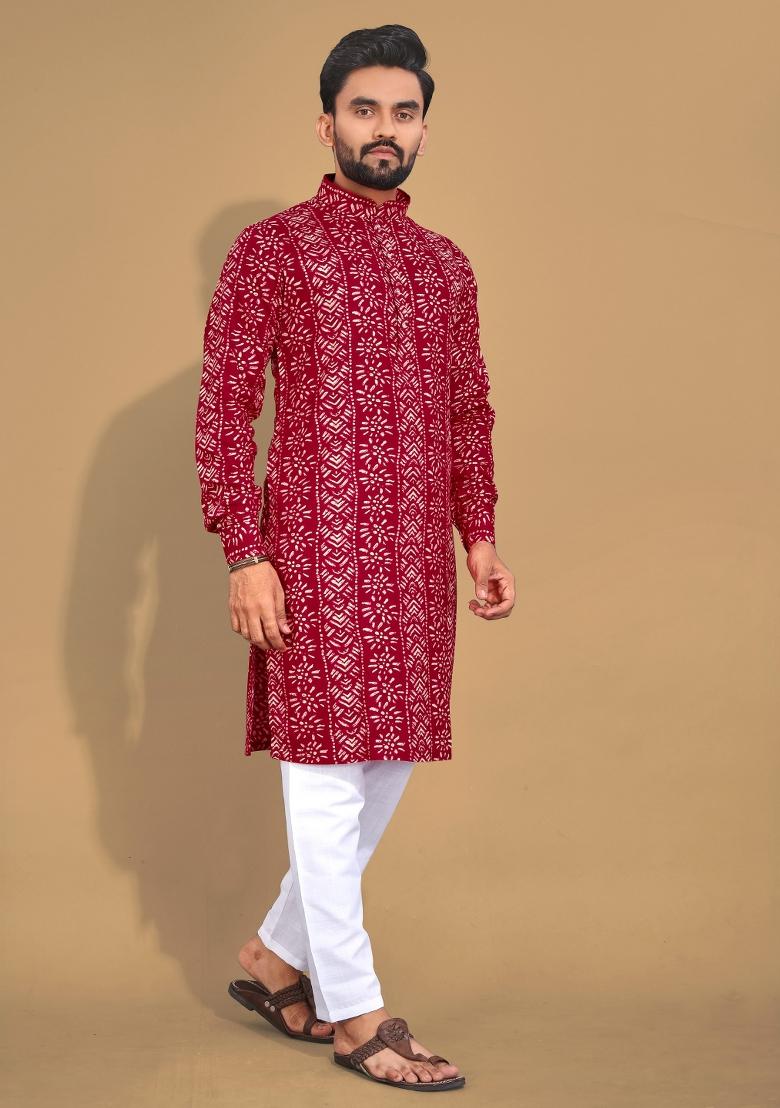 Maroon Printed Cotton Blend Kurta For Men - Indya
