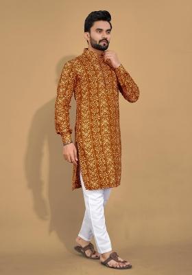 Mustard Printed Cotton Blend Kurta For Men