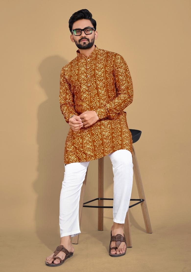 Mustard Printed Cotton Blend Kurta For Men - Indya