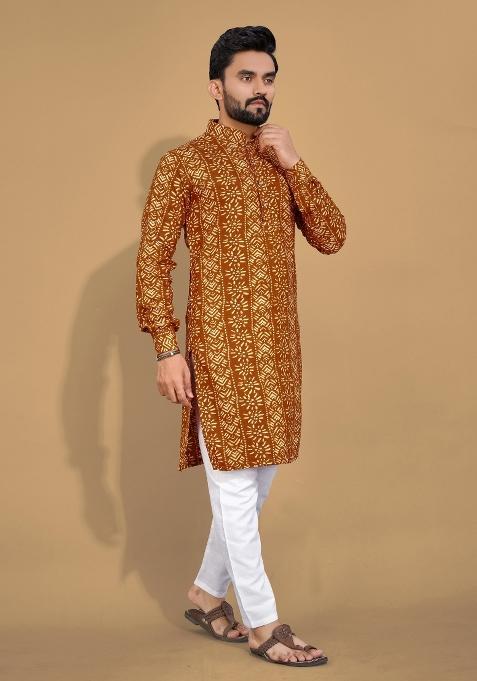 Mustard Printed Cotton Blend Kurta For Men