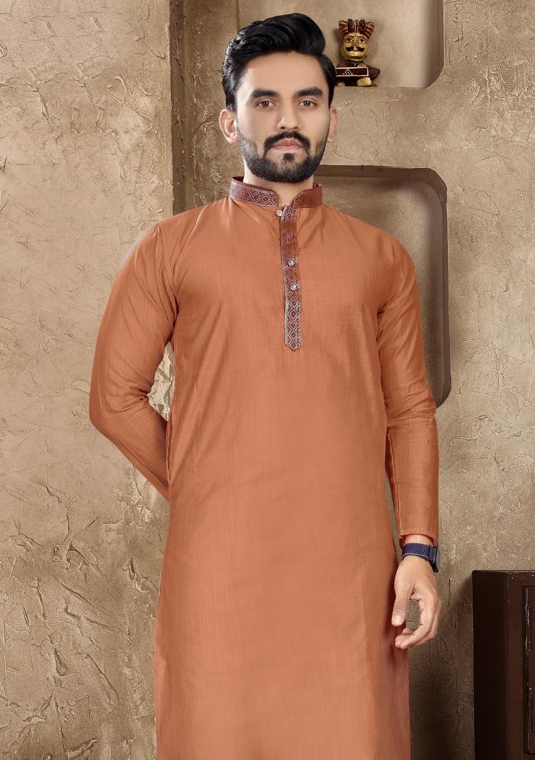 Orange Plain Linen Kurta For Men - Indya
