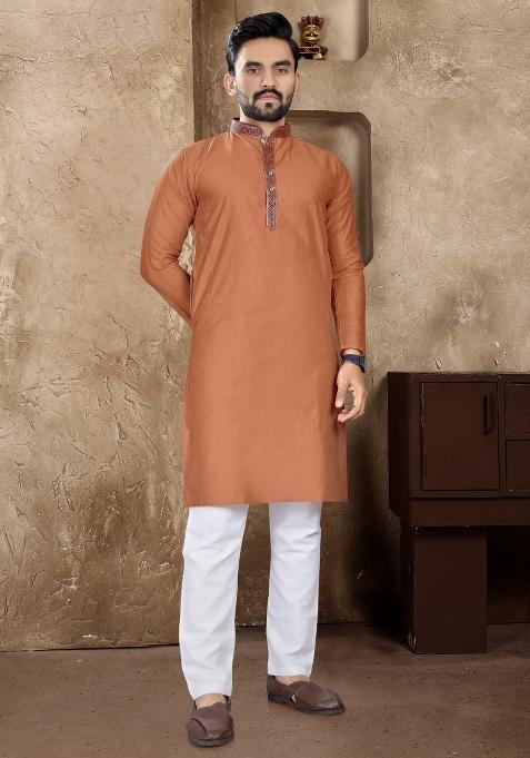 Orange Plain Linen Kurta For Men