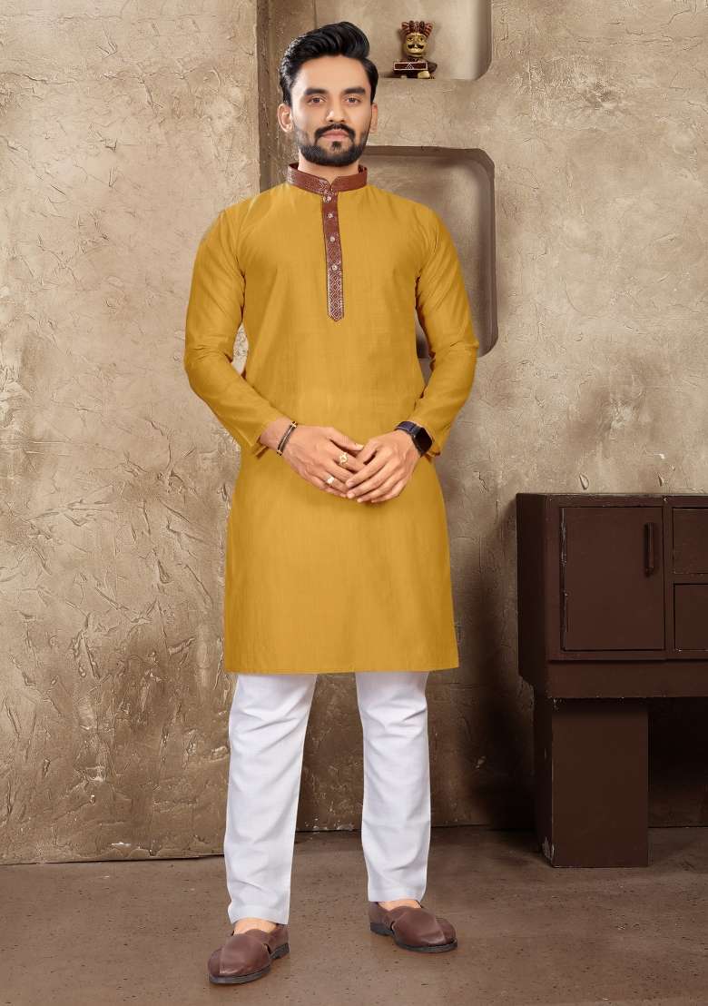 Orange Plain Linen Kurta For Men - Indya