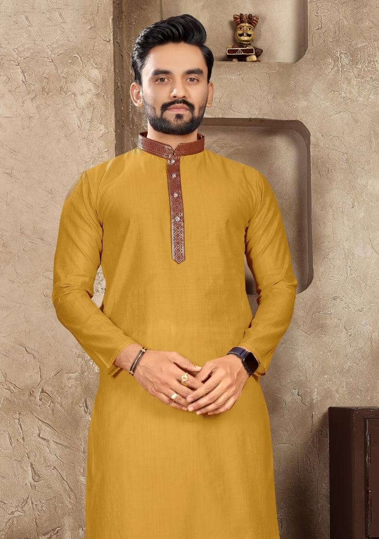 Orange Plain Linen Kurta For Men - Indya