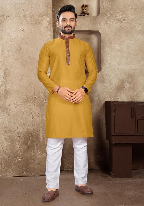 Orange Plain Linen Kurta For Men
