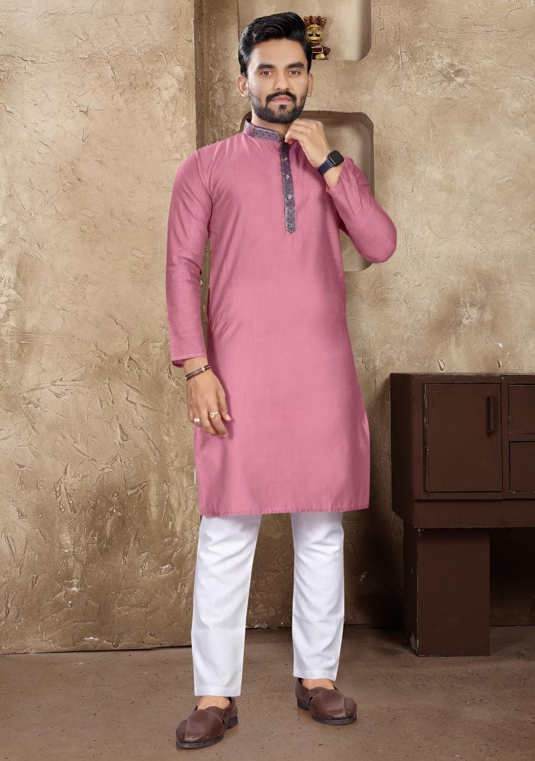 Pink Plain Linen Kurta For Men - Indya