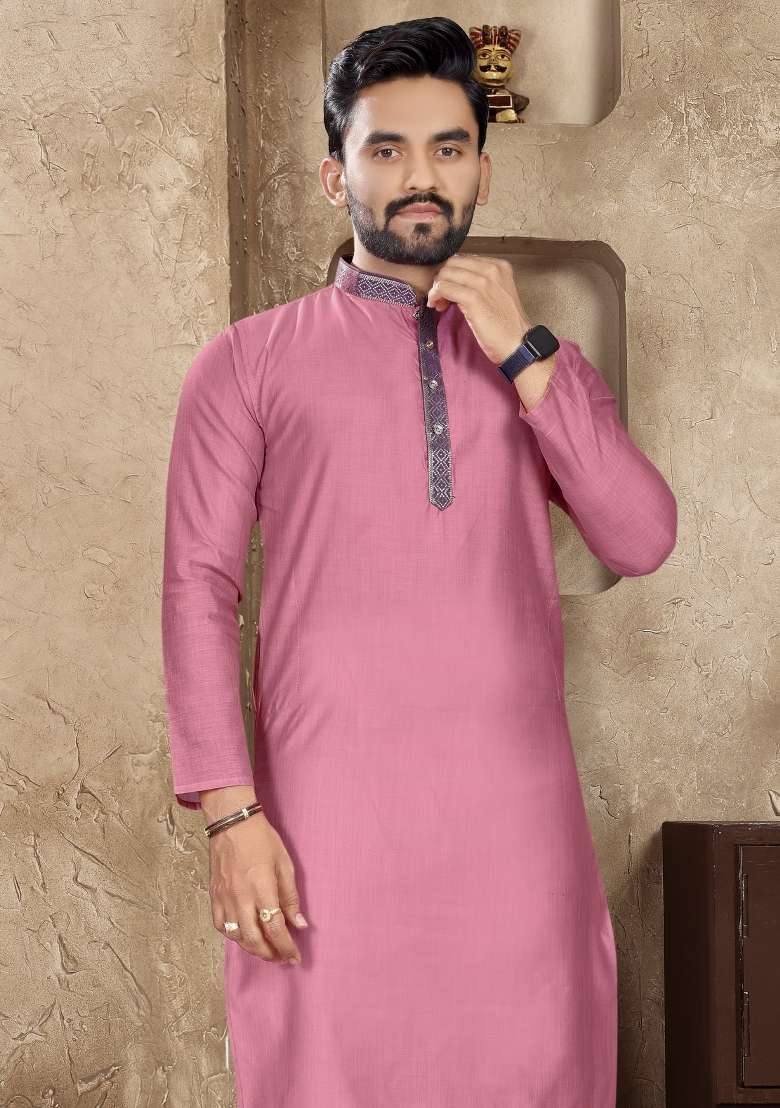 Pink Plain Linen Kurta For Men - Indya