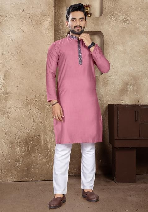 Pink Plain Linen Kurta For Men