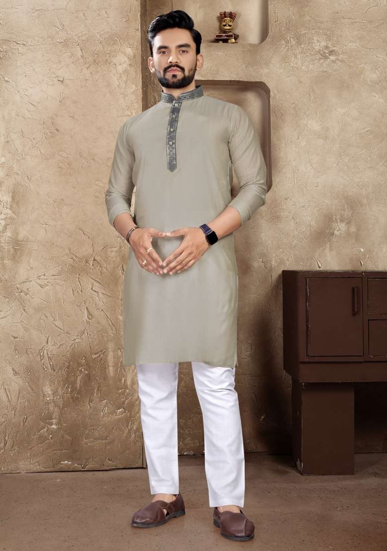 Grey Plain Linen Kurta For Men - Indya