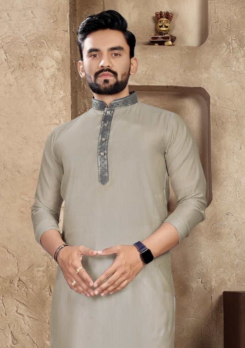 Grey Plain Linen Kurta For Men - Indya