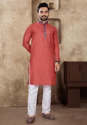 Pink Plain Linen Kurta For Men