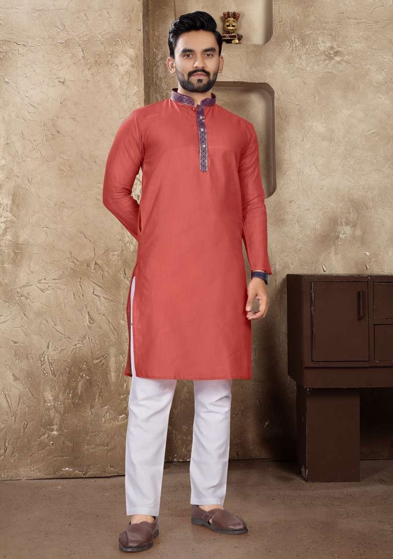 Pink Plain Linen Kurta For Men - Indya
