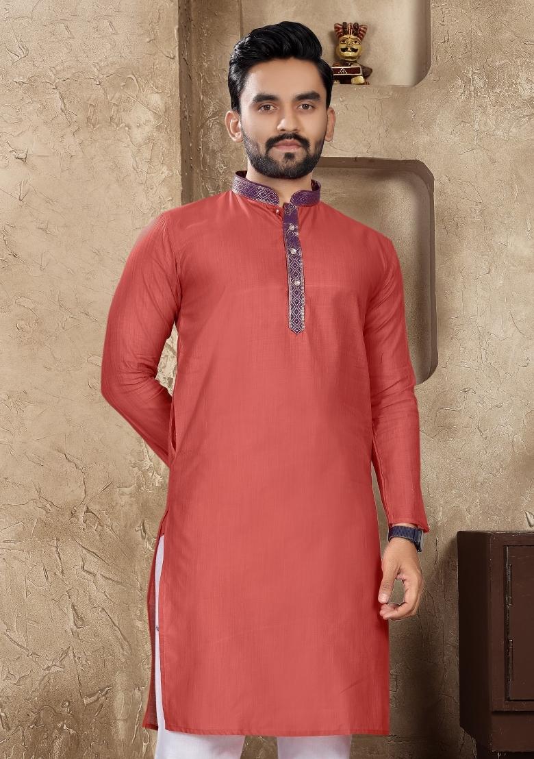 Pink Plain Linen Kurta For Men - Indya