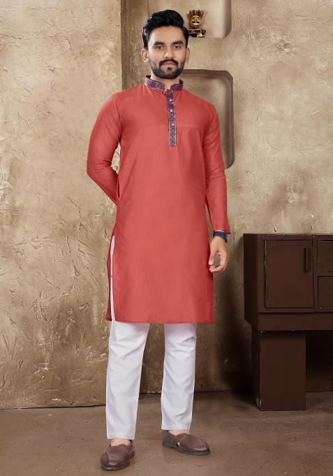 Pink Plain Linen Kurta For Men