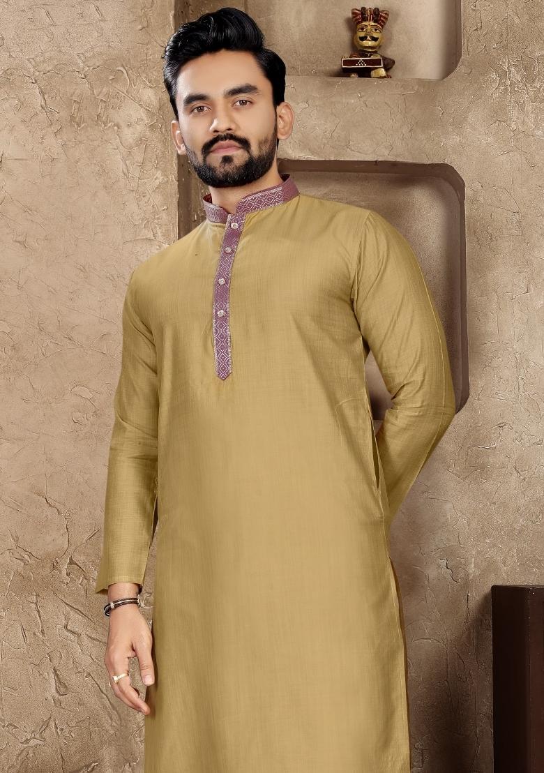 Copper Plain Linen Kurta For Men - Indya