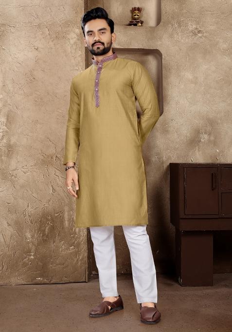 Copper Plain Linen Kurta For Men