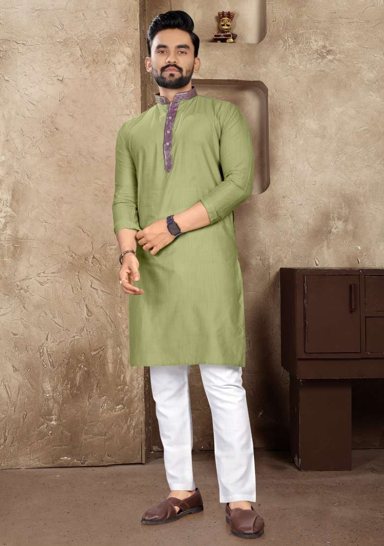 Green Plain Linen Kurta For Men - Indya