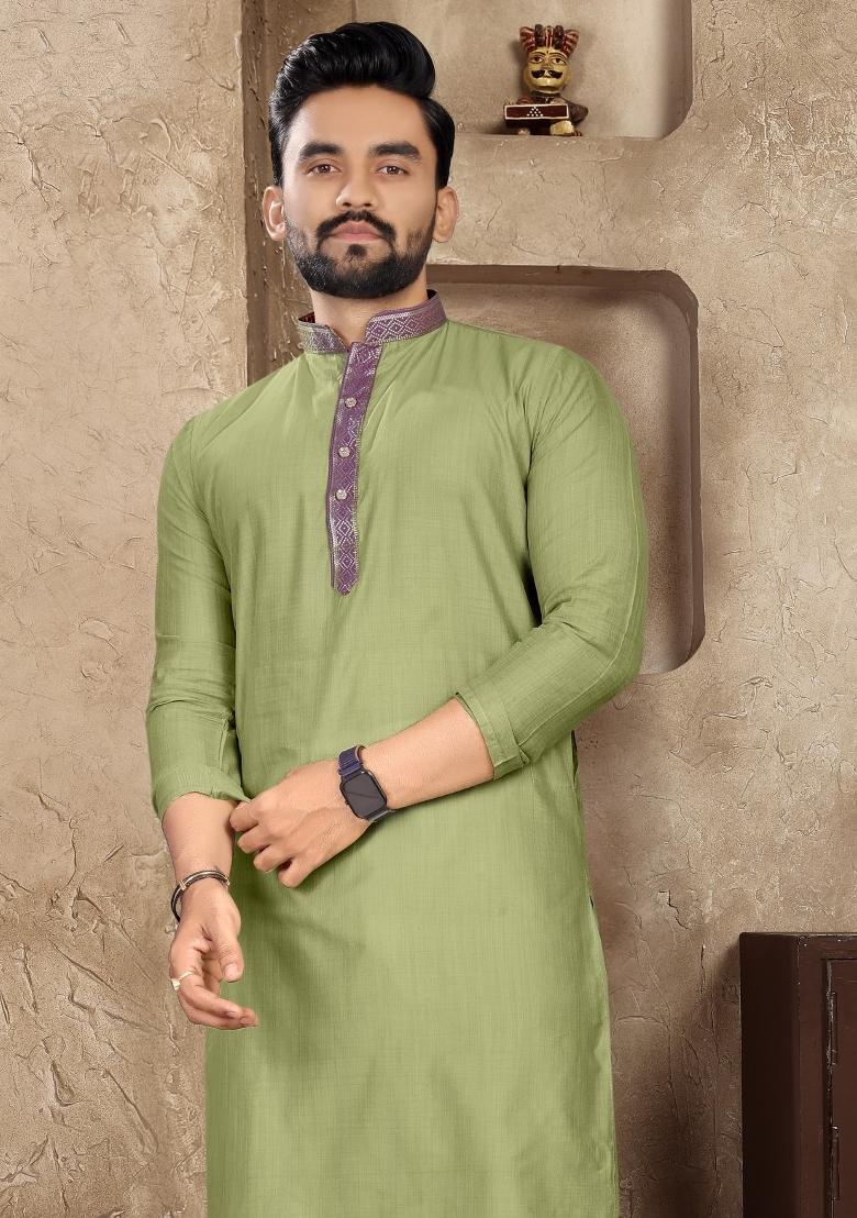 Green Plain Linen Kurta For Men - Indya