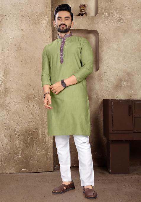 Green Plain Linen Kurta For Men