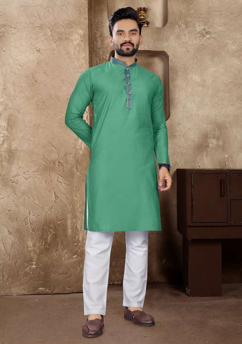Green Plain Linen Kurta For Men - Indya