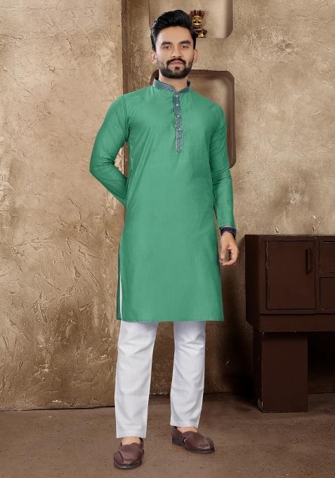 Green Plain Linen Kurta For Men