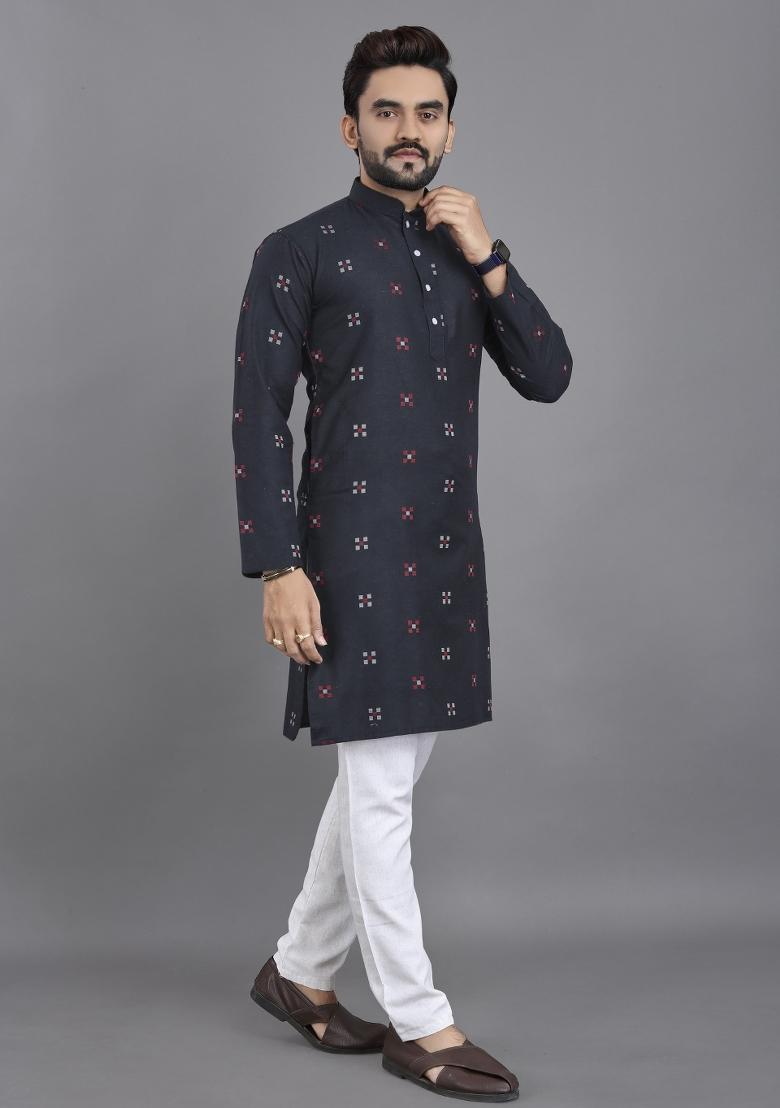 Blue Striped Linen Kurta For Men - Indya