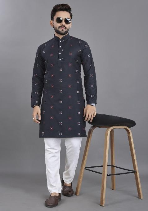 Blue Striped Linen Kurta For Men