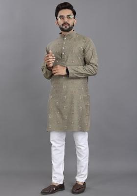 Grey Striped Linen Kurta For Men