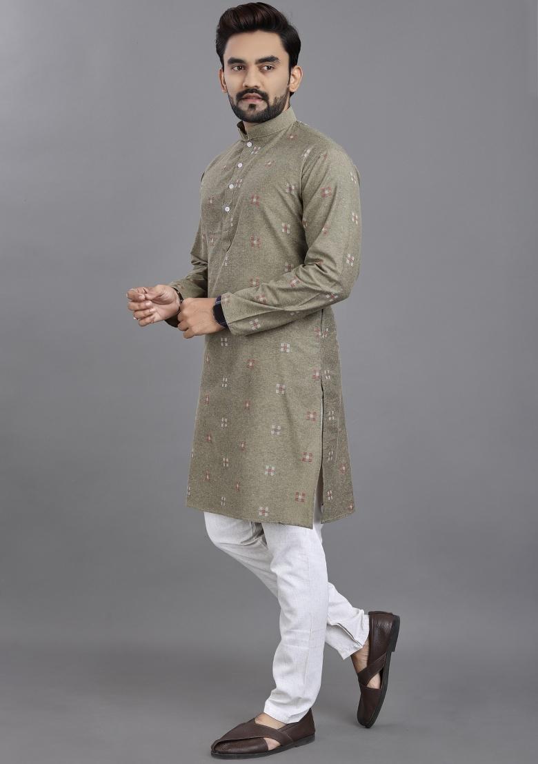 Grey Striped Linen Kurta For Men - Indya