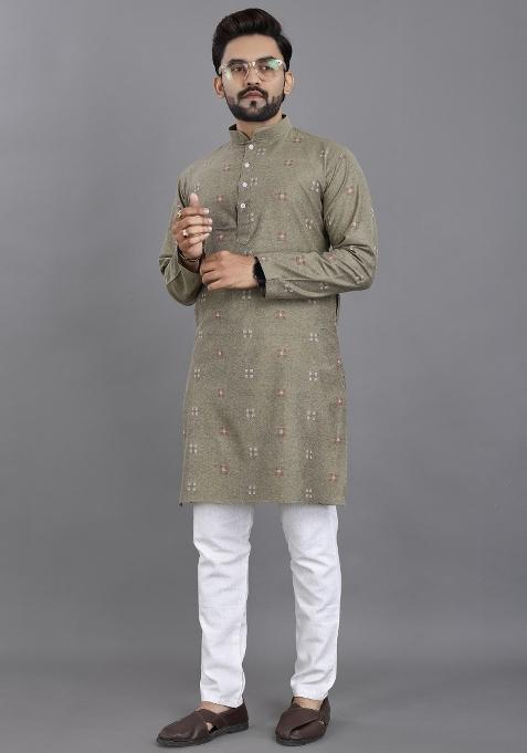 Grey Striped Linen Kurta For Men
