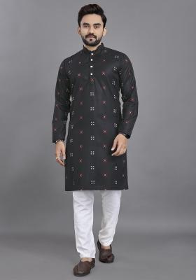 Black Striped Linen Kurta For Men
