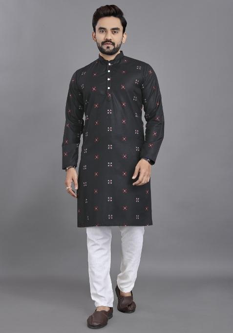 Black Striped Linen Kurta For Men