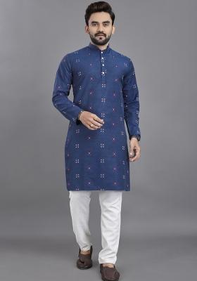 Blue Striped Linen Kurta For Men