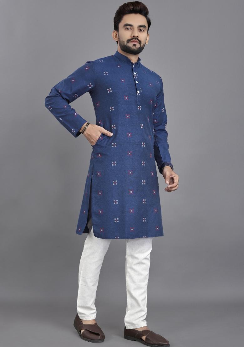 Blue Striped Linen Kurta For Men - Indya