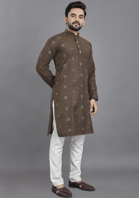 Brown Striped Linen Kurta For Men