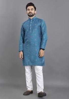 Blue Striped Linen Kurta For Men