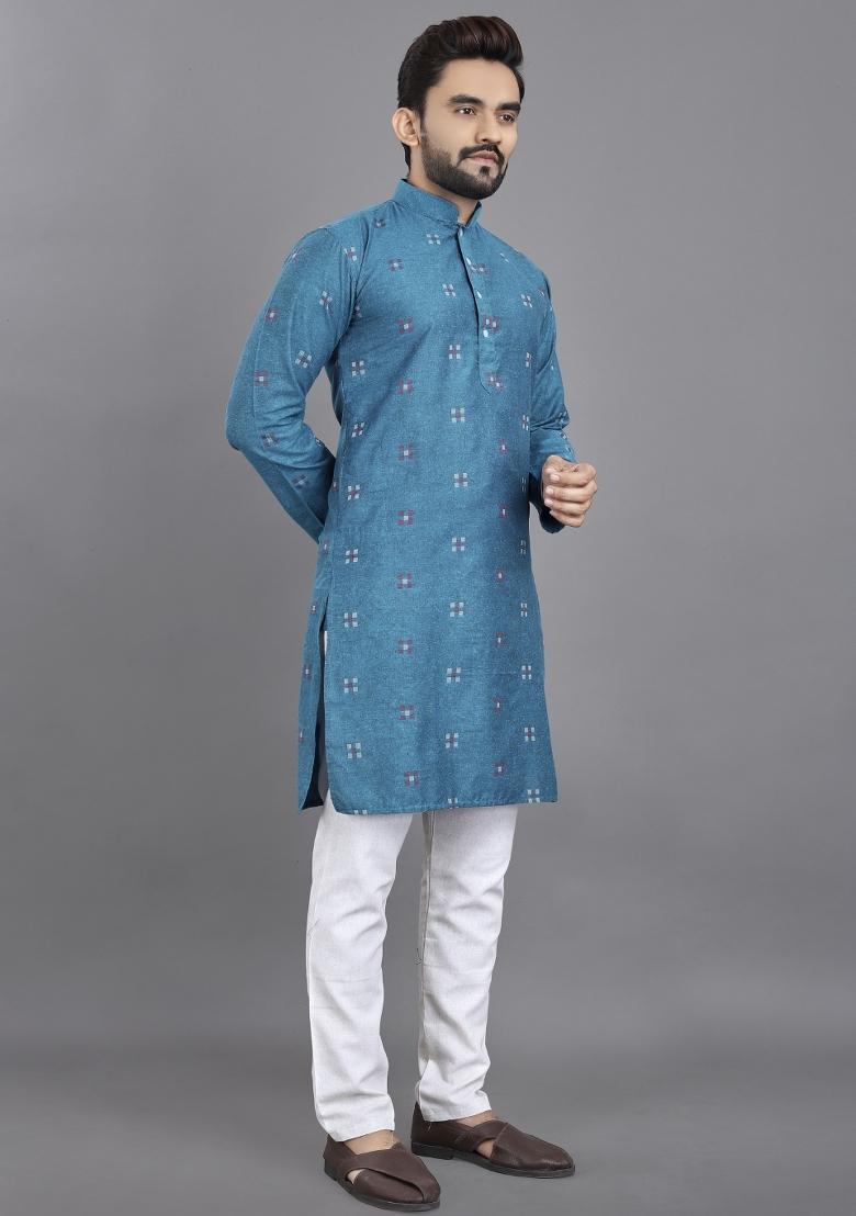 Blue Striped Linen Kurta For Men - Indya