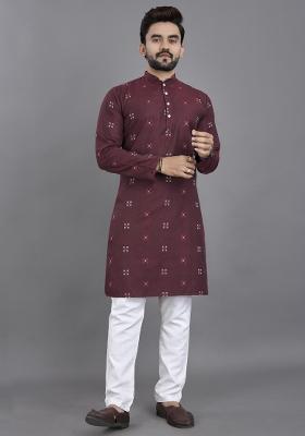 Purple Striped Linen Kurta For Men