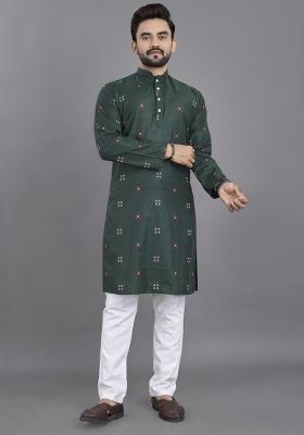 Green Striped Linen Kurta For Men