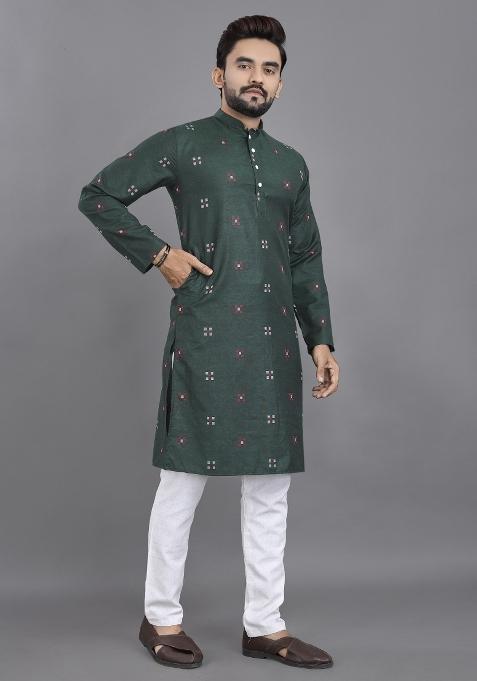 Green Striped Linen Kurta For Men