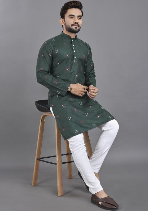 Green Striped Linen Kurta For Men