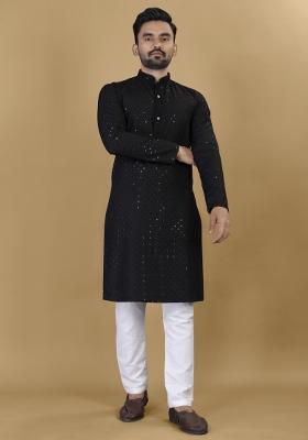 Black Embroidered Rayon Kurta For Men