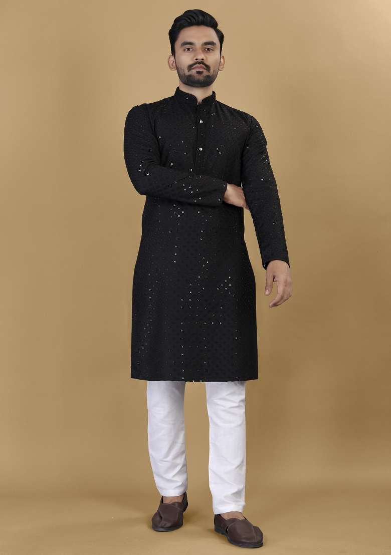 Black Embroidered Rayon Kurta For Men - Indya