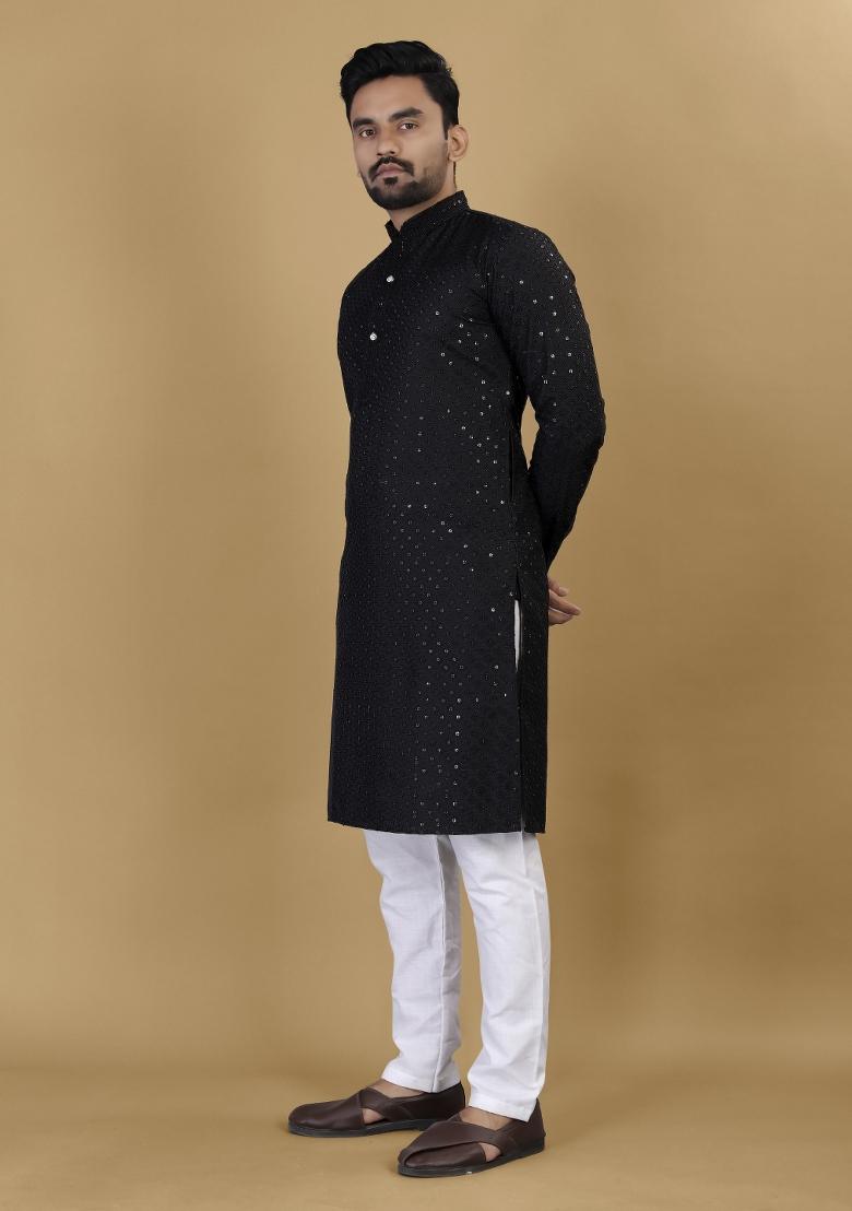 Black Embroidered Rayon Kurta For Men - Indya