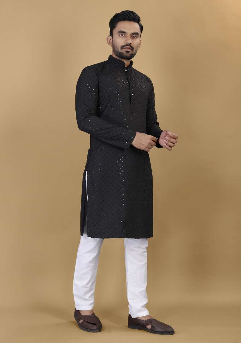 Black Embroidered Rayon Kurta For Men - Indya