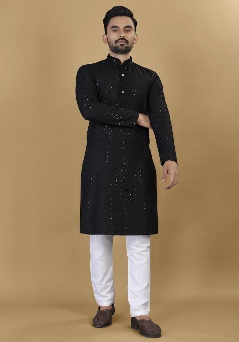 Black Embroidered Rayon Kurta For Men